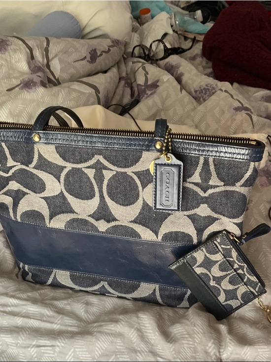 Coach Handbags - Coach Denim and Cream Signature Canvas Tote with Card Holder